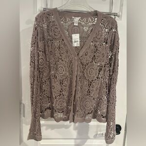 Cato Taupe Crochet Button-Front Cardigan